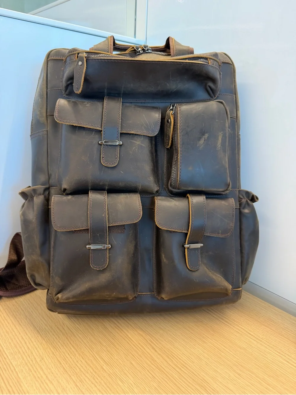 Brown Leather Laptop Backpack with Multiple Front Pockets